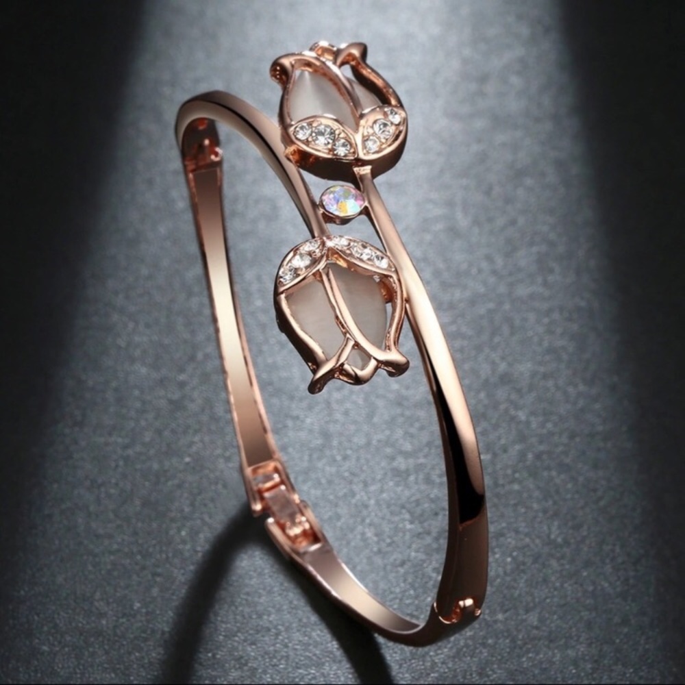 Vintage Rose Gold Natural Opal Tulip Bangle